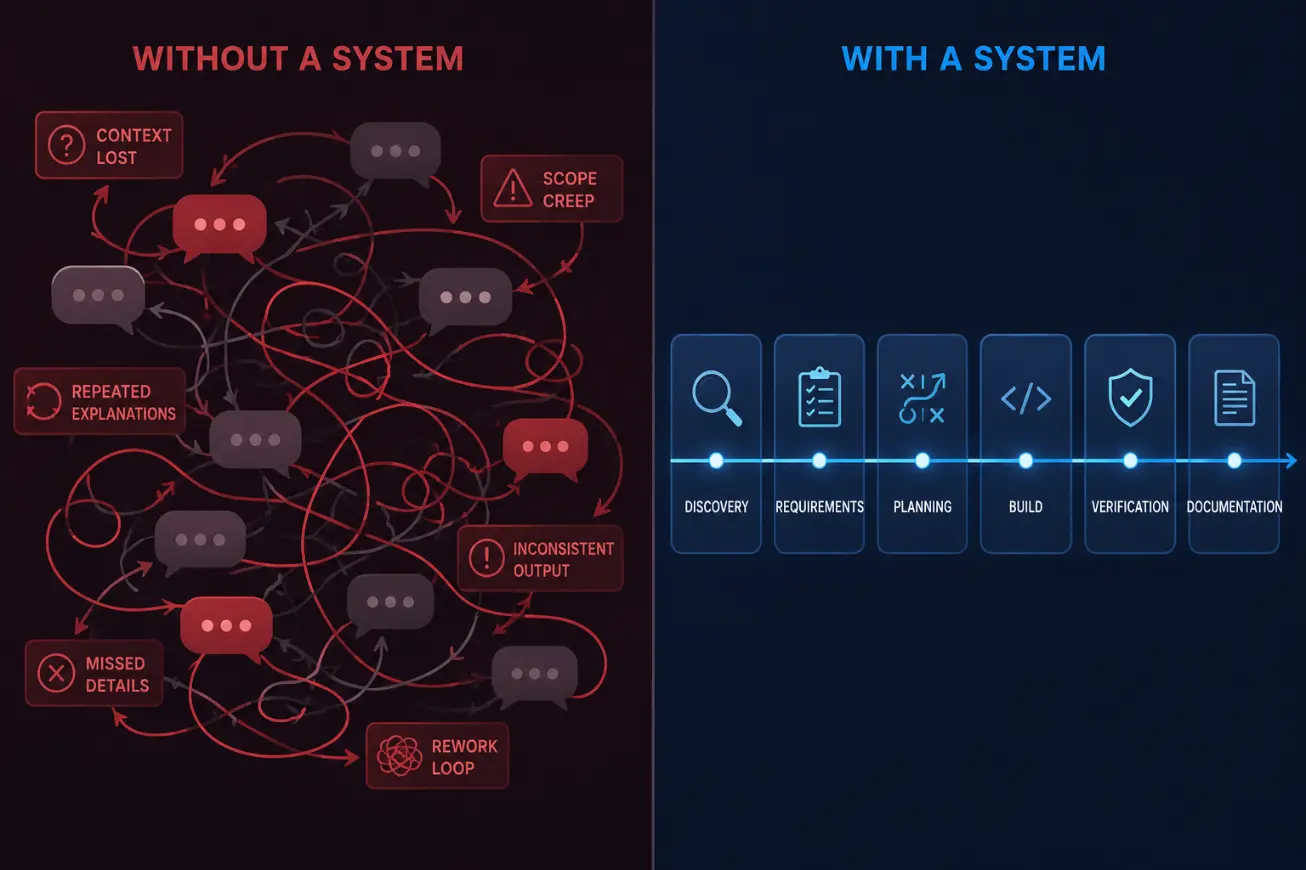 Diagram contrasting scattered prompting with the structured AI Engineering OS workflow — showing how the methodology turns ad-hoc AI use into a governed system.
