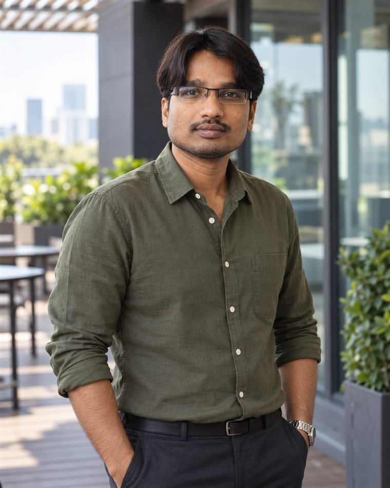 P. Adhil Khan, technology founder, author and digital product creator, seated at a modern office desk in a navy blazer and white shirt with a calm confident expression.