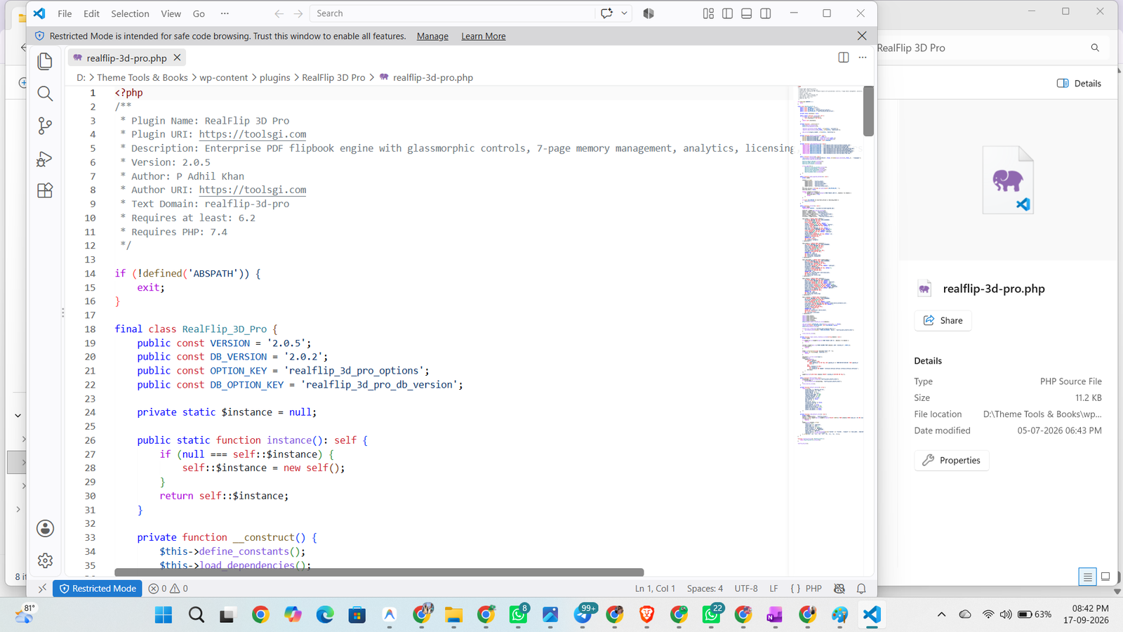 VS Code session showing WordPress plugin source code for RealFlip 3D Pro by P Adhil Khan on toolsgi.com.