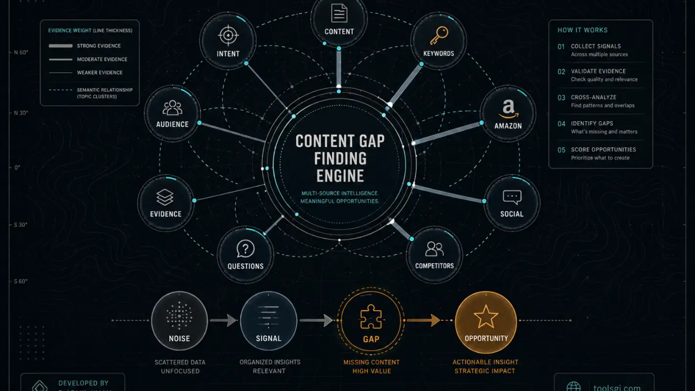Intelligence map graphic for the Content Gap Finding Engine: evidence classified across the competitive content landscape.