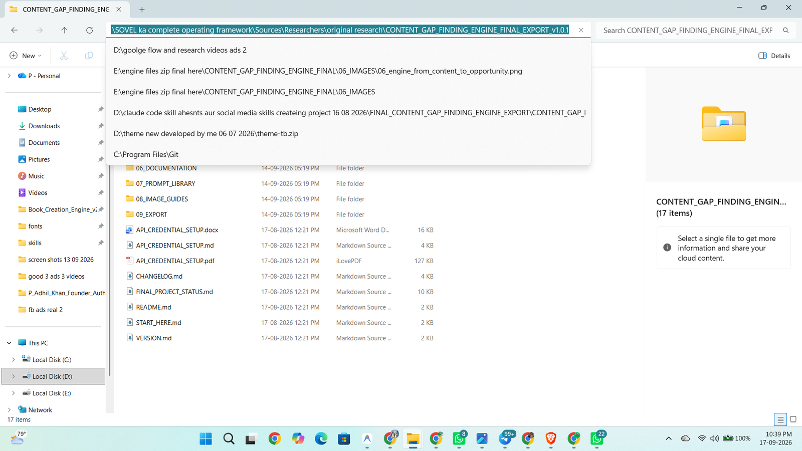 Windows Explorer showing Content Gap Finding Engine project architecture and file trees.