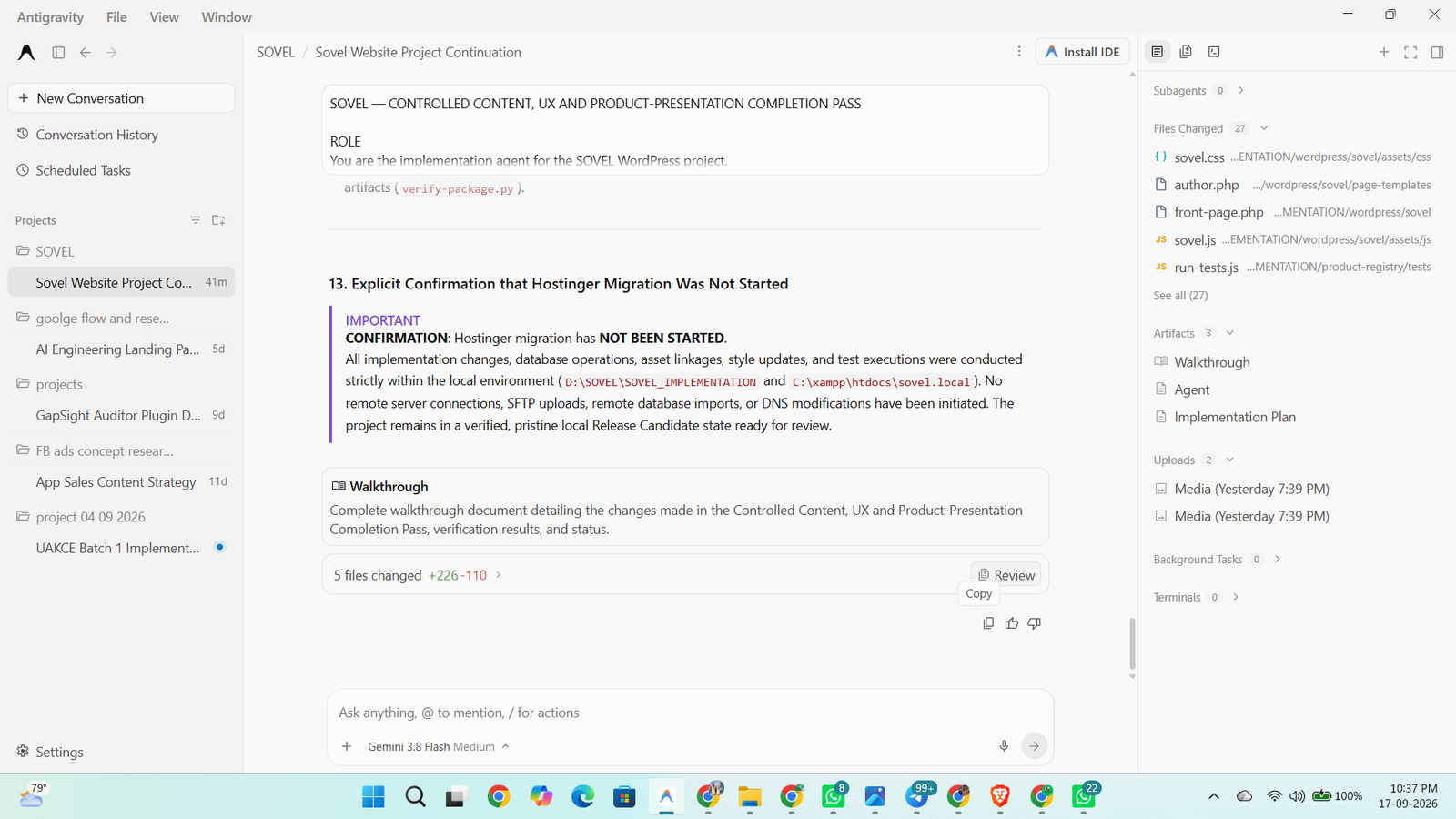 Antigravity IDE workspace showing the SOVEL platform codebase and implementation workflows.
