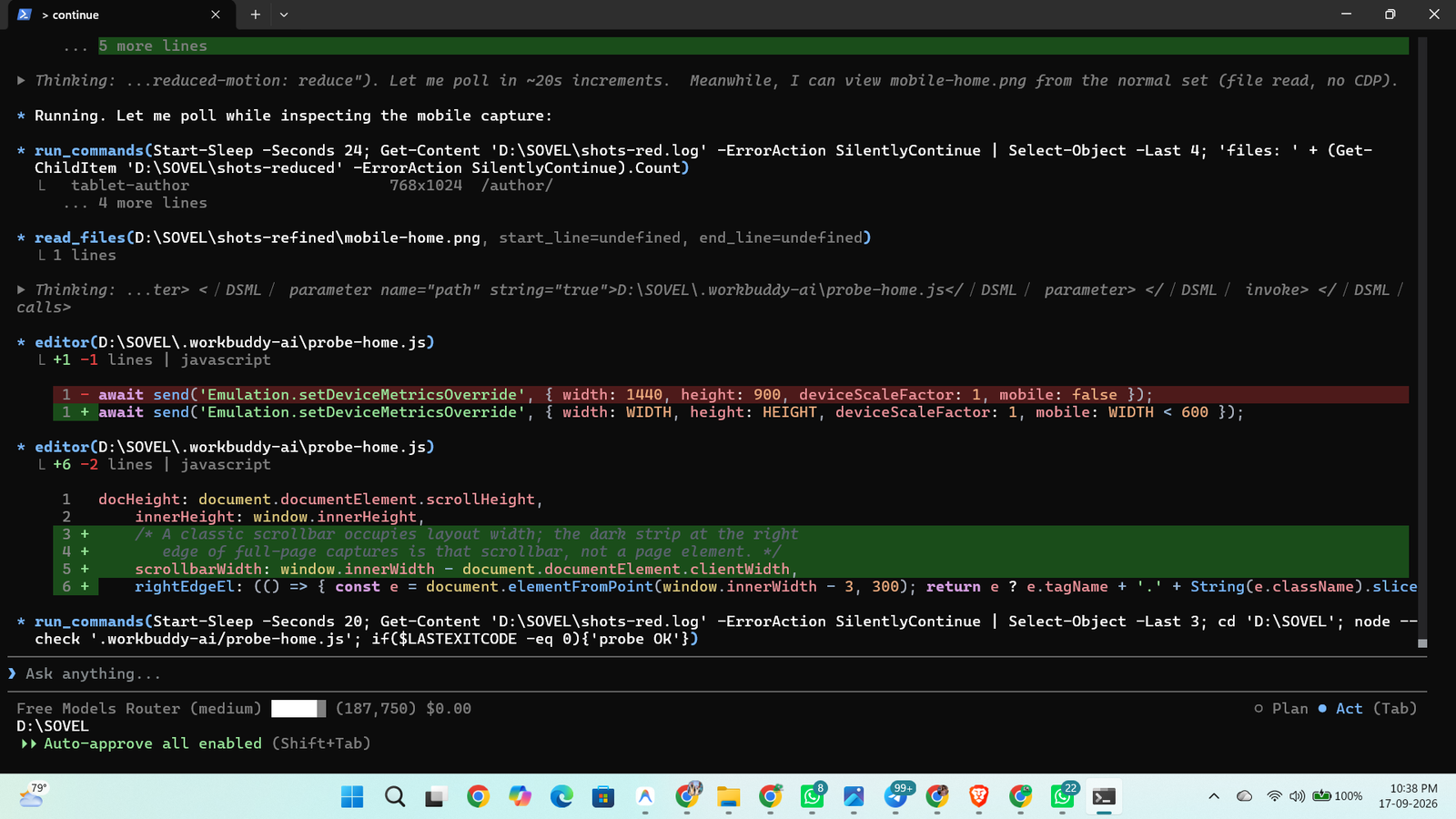 WorkBuddy terminal session executing automated headless browser tests for the SOVEL platform.
