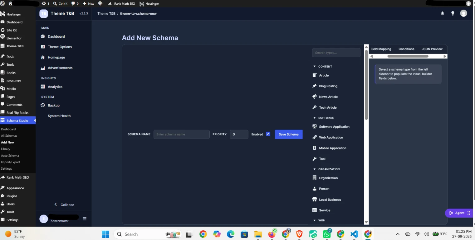 Schema Studio Conditions Builder showing 15 condition types with AND/OR logic