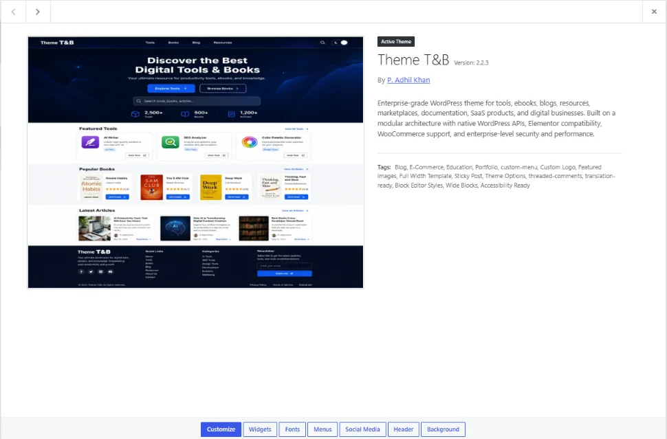 SOVEL Studio installed as the active WordPress theme, with a tools and books homepage demo