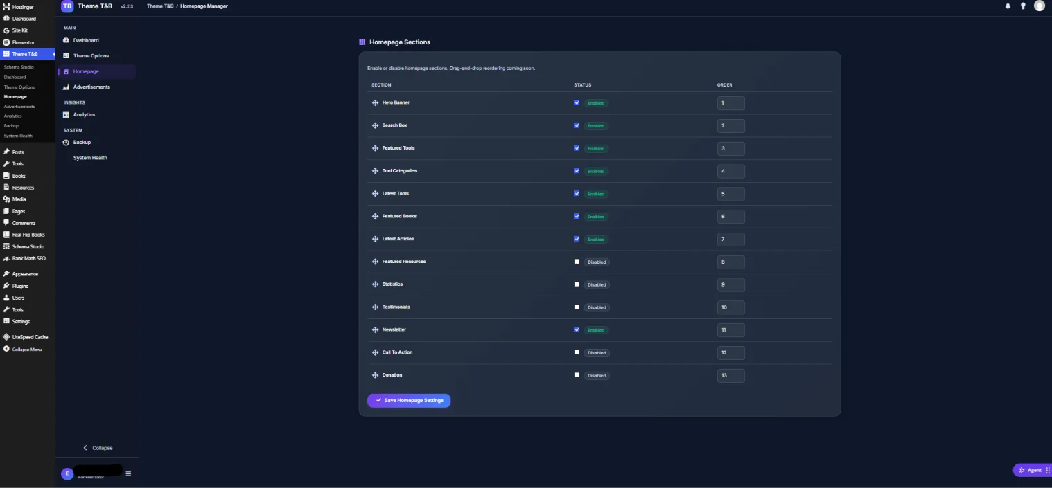 Homepage Manager listing all 13 sections with enable toggle and order number